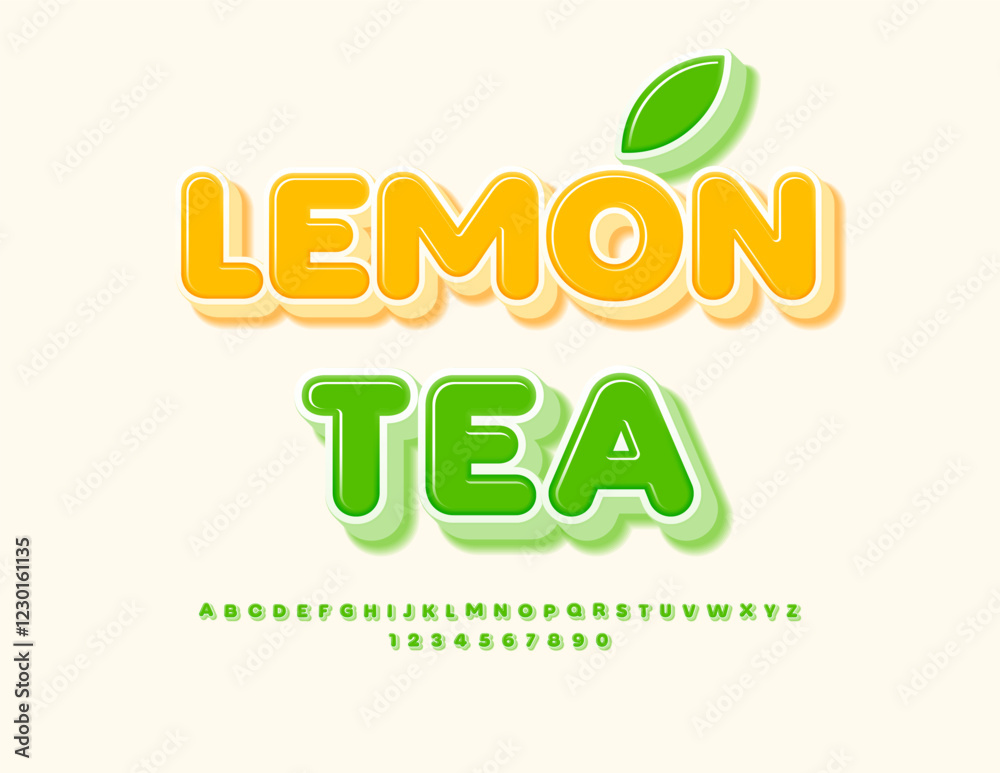 Vector Advertising sticker Lemon Tea. Isometric Green Font. Glossy Alphabet Letters and Numbers set. Vector Advertising sticker Lemon Tea. Isometric Green Font. Glossy Alphabet Letters and Numbers set.