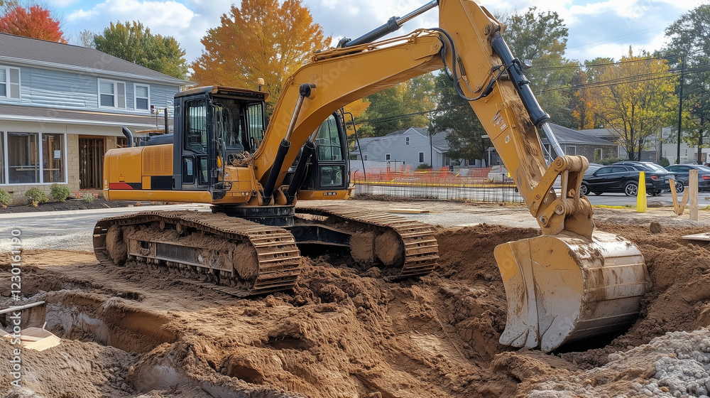 Fototapeta premium Excavator digging deep into the ground on a construction site, surrounded by freshly turned soil and residential structures