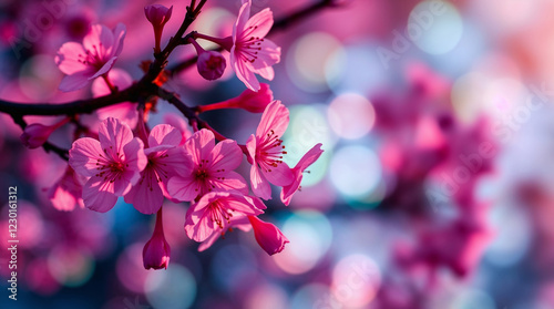 Pink flowers blooming on branch in spring with bokeh background