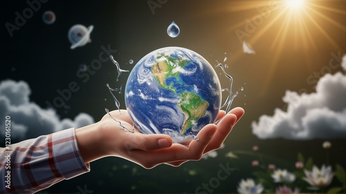 A hand is holding earth with water splashing around.