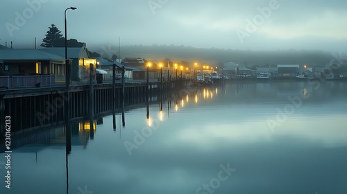 A misty dawn at Port Lincoln, where the soft light highlights the reflection of the wharf in the smooth seawater