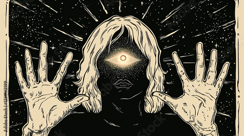 A vintage-style illustration of a female figure, cosmic hands obscuring her face, yet her glowing third eye emanates spiritual clarity and calmness. 