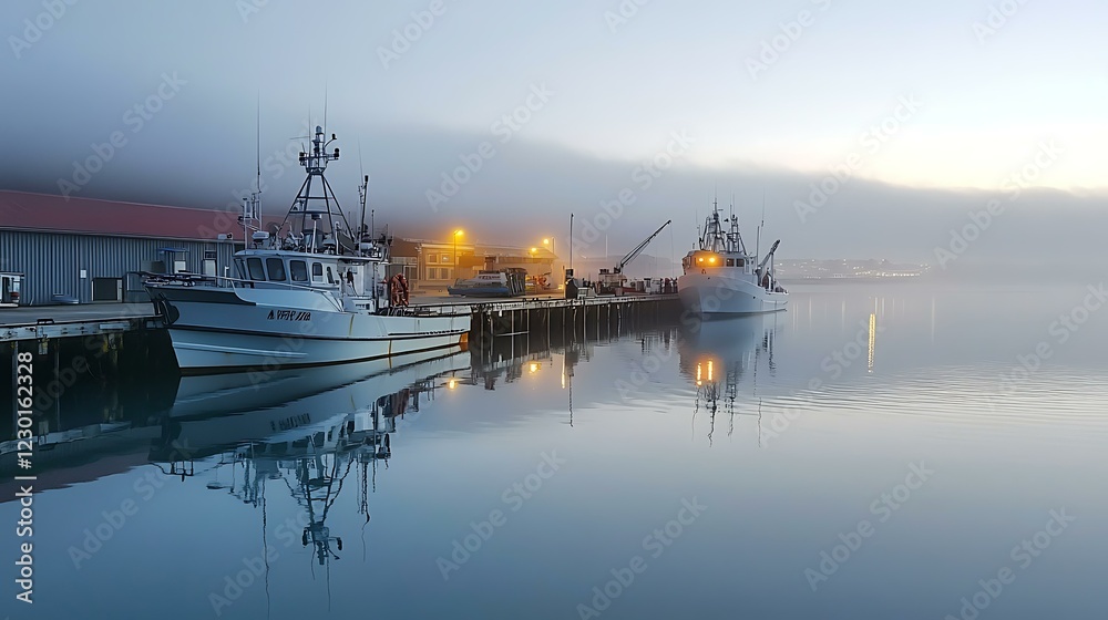 A misty dawn at Port Lincoln, where the soft light highlights the reflection of the wharf in the smooth seawater A misty dawn at Port Lincoln, where the soft light highlights the reflection of the wharf in the smooth seawater