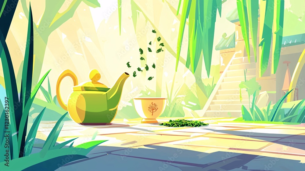 Obraz premium stylized scene of a teapot pouring Dragon Well green tea into an elegant porcelain cup, with tea leaves floating gently in the background. Dragon Well Green Tea 