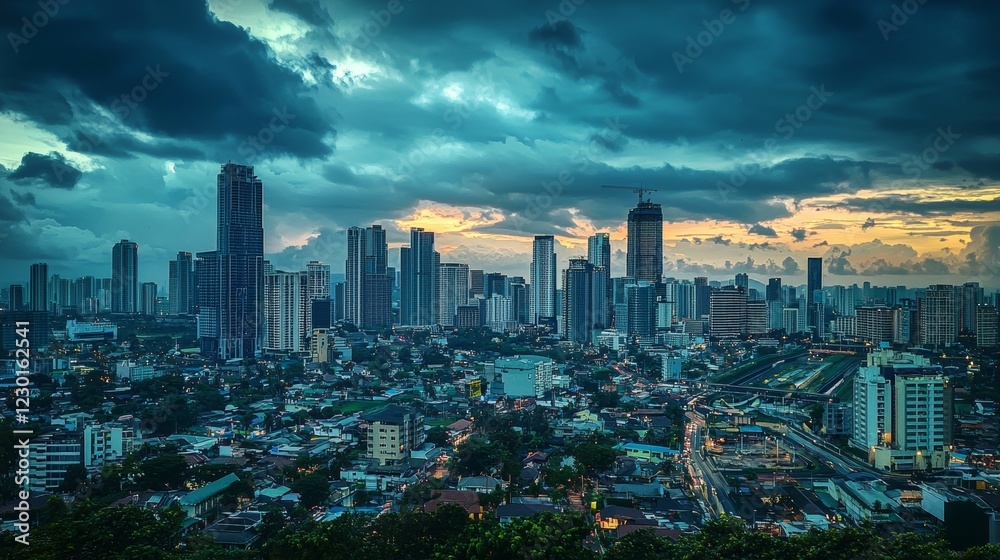 Fototapeta premium Majestic Metropolis: A Panoramic View of the City Skyline at Dusk