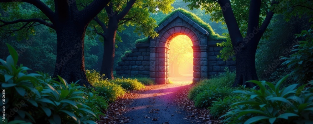 Fototapeta premium Forest path leads to a shimmering, iridescent gate, foliage, tree, glowing