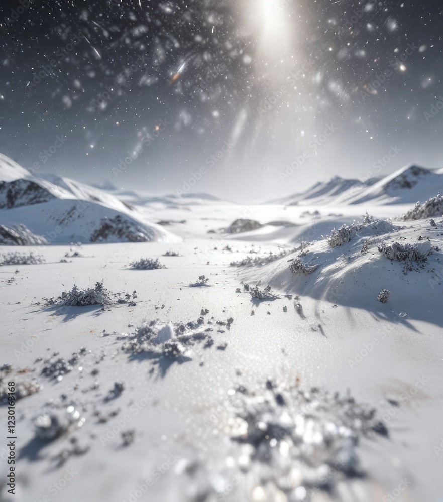 Obraz premium Sparkling silver dust scattered across a snowy white surface, sparkly effect, silver sparkle, fine glitters