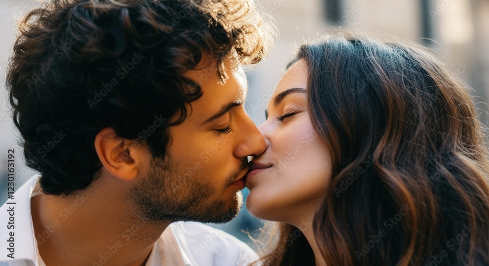 Naklejka premium Romantic moment between young multiracial couple in urban setting