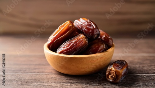 Dates or dattes palm fruit in wooden bowl is snack healthy. Generated image photo