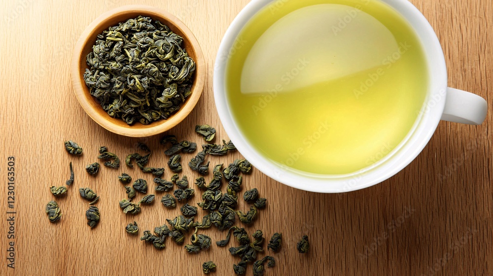 simple, modern-style illustration of a cup of Dragon Well green tea, accompanied by a small dish of tea leaves on a wooden surface. Dragon Well Green Tea simple, modern-style illustration of a cup of Dragon Well green tea, accompanied by a small dish of tea leaves on a wooden surface. Dragon Well Green Tea