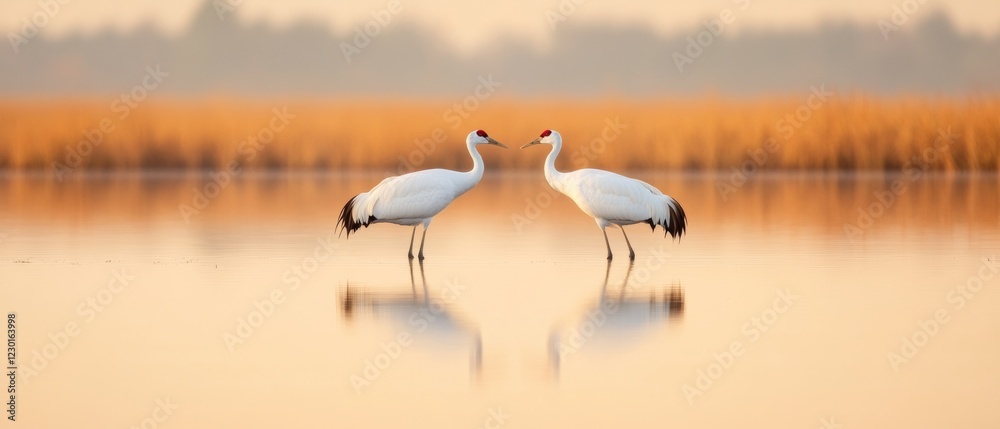 Fototapeta premium Serene Wetland Harmony Elegant Cranes Mirror in Morning Glow - Eco-Friendly Design for Wildlife and Conservation Marketing