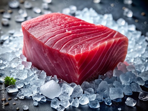 Fresh Raw Tuna Steak on Ice - Premium Seafood, Sushi Grade, Restaurant Quality photo