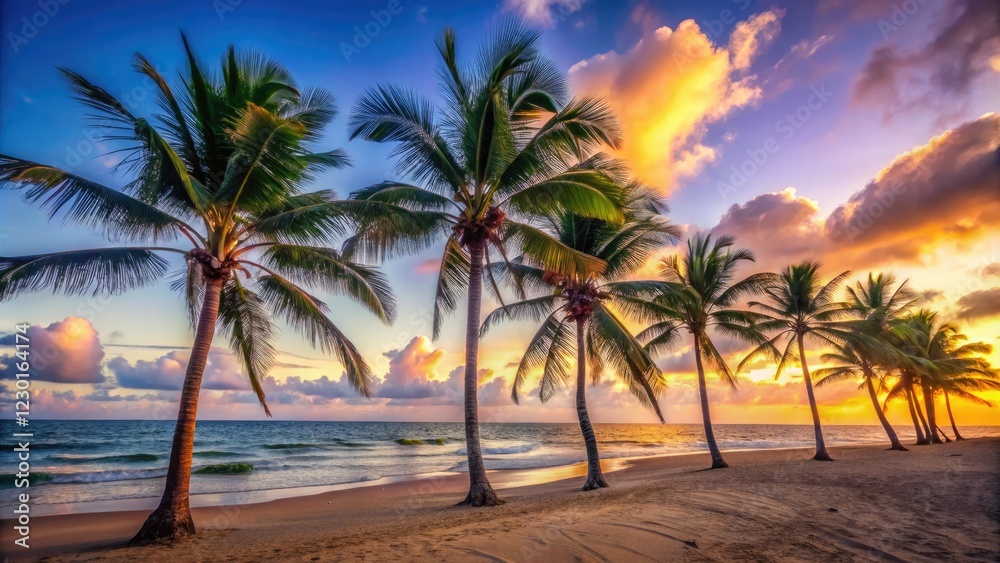Obraz premium Palm trees swaying in the breeze on a deserted beach at dusk, evening, sand, serene, nature, palm trees