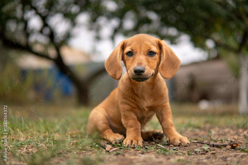 Portrait of a cute dachshund puppy sitting on the grass Portrait of a cute dachshund puppy sitting on the grass