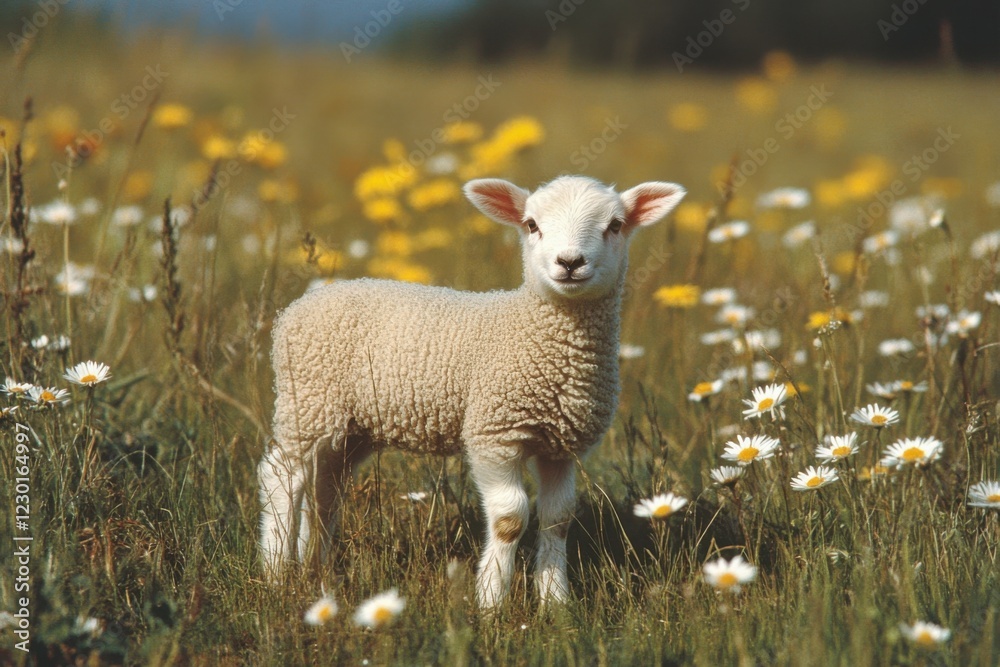 Fototapeta premium Adorable lamb standing in a sunny meadow filled with wildflowers, including daisies and yellow blooms, creating a peaceful and rural springtime scene