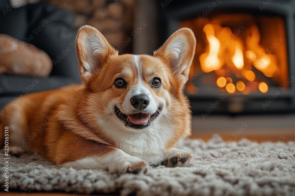 A happy corgi relaxes in a cozy fireplace scene, creating warmth and joy, perfect for rainy days filled with comfort and love. A happy corgi relaxes in a cozy fireplace scene, creating warmth and joy, perfect for rainy days filled with comfort and love.