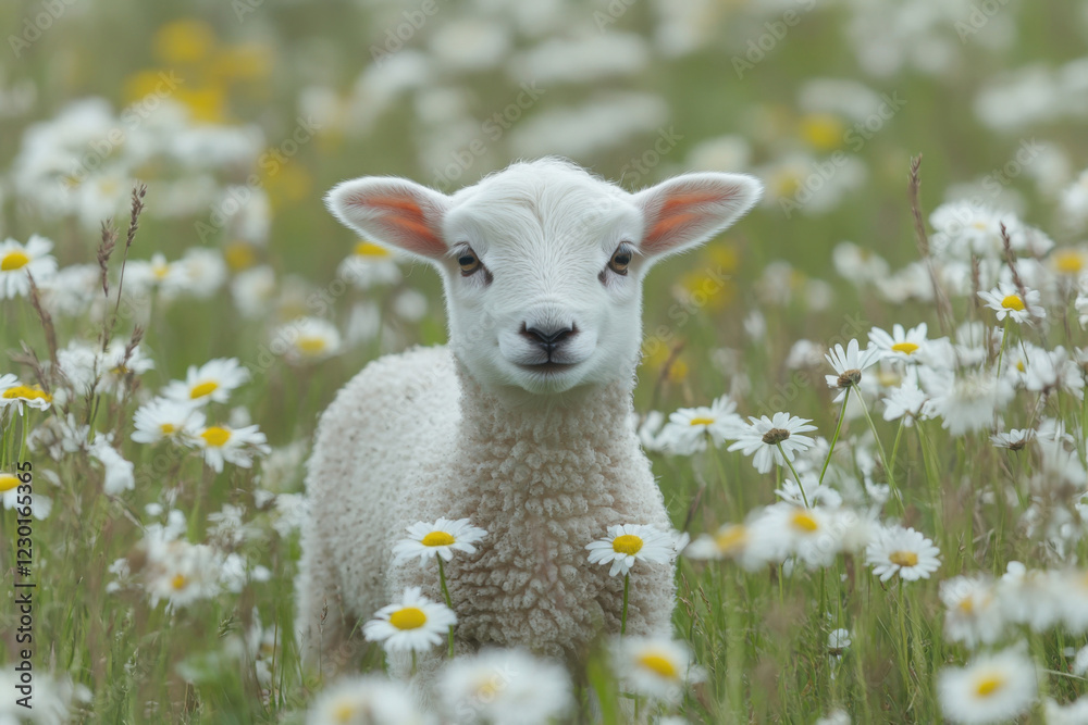Close-up of an adorable lamb standing in a meadow full of white daisies and green grass, creating a peaceful and charming rural scene Close-up of an adorable lamb standing in a meadow full of white daisies and green grass, creating a peaceful and charming rural scene
