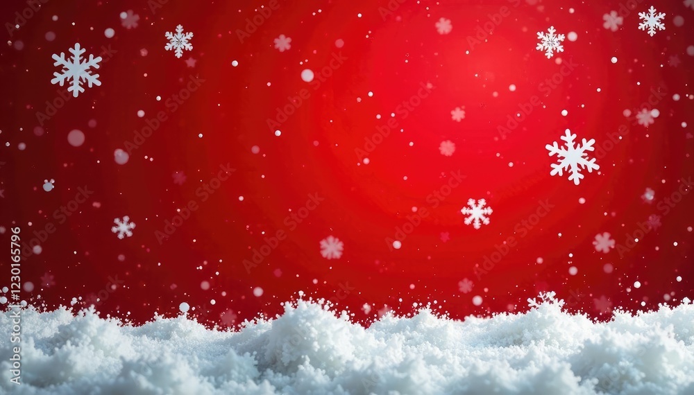 Large snowflakes gently fall on a red background, garland, snow, winter