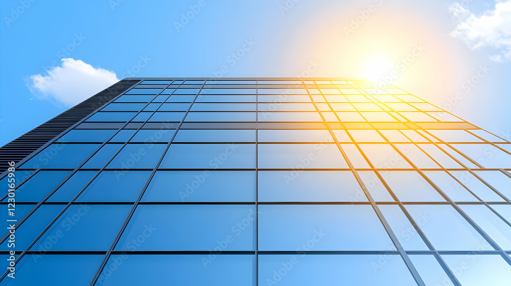 Modern glass skyscraper, sunny day, city Modern glass skyscraper, sunny day, city