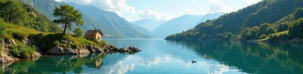 Un cruz de madera en la orilla del lago con un p?jaro volando, naturaleza, lago, cruz Un cruz de madera en la orilla del lago con un p?jaro volando, naturaleza, lago, cruz