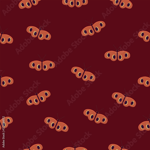 Pattern of orange moths with eye-like patterns on dark red background, evoking a warm and nocturnal mood