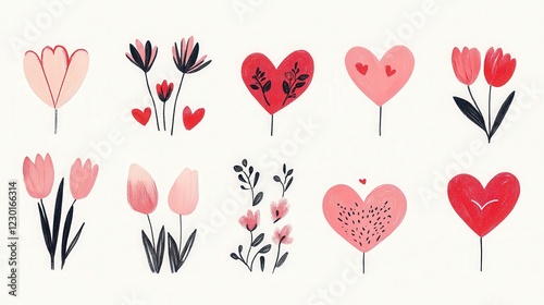 red and pink love symbols in folk art-inspired doodle style