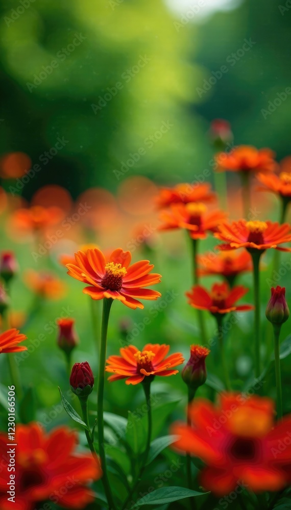 Fototapeta premium Lush greenery with red flowers swaying gently in the breeze amidst a sea of orange flowers, plant, garden, red