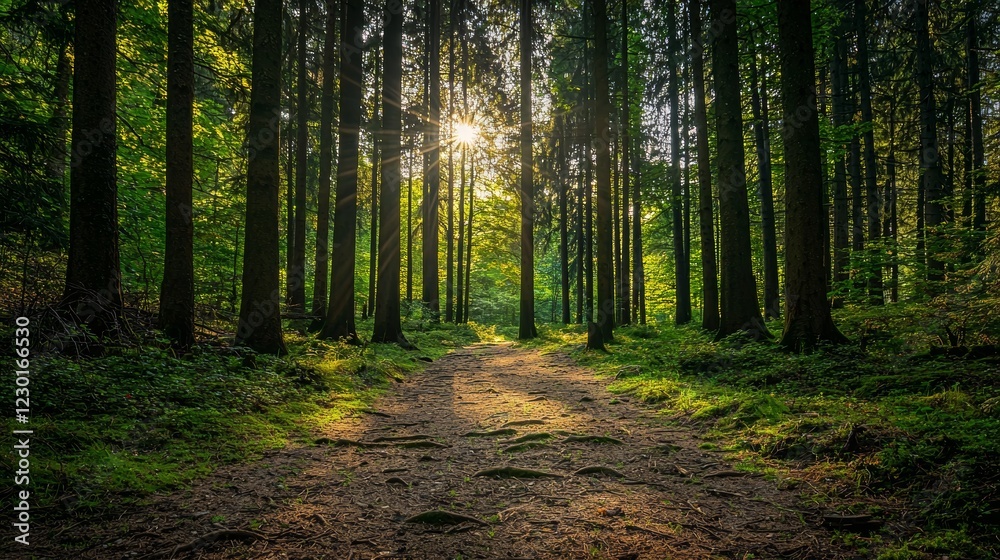 Fototapeta premium Sunlit Forest Path: A Tranquil Escape into Nature's Embrace