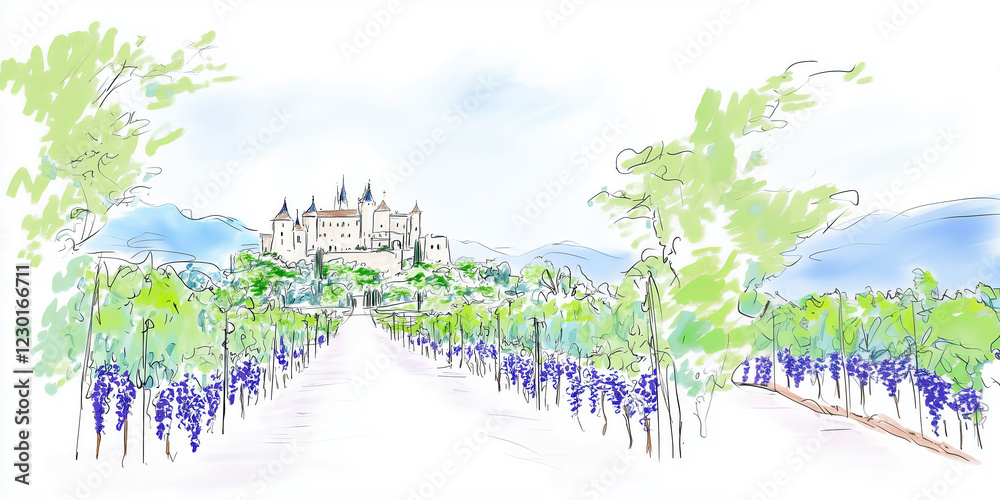 Artistic watercolor illustration of a vineyard with lush grapevines, a historic castle in the background, and scenic mountain views. Generative by AI