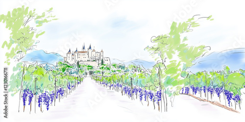 Obraz na płótnie Artistic watercolor illustration of a vineyard with lush grapevines, a historic castle in the background, and scenic mountain views. Generative by AI w salonie