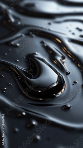 Dark liquid metal with glossy surface and scattered droplets