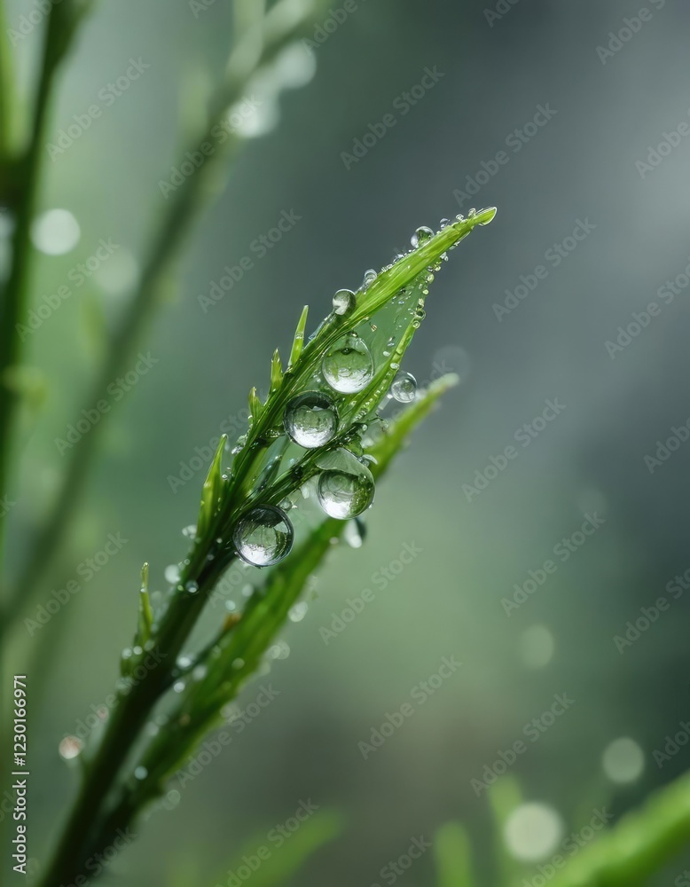 Macro photography of dew drops on a green stem, garden, environment, fresh, close-up, morning Macro photography of dew drops on a green stem, garden, environment, fresh, close-up, morning