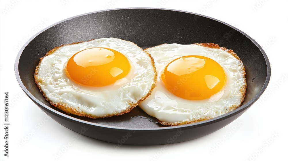 Freshly Cooked Sunny-Side Up Eggs in a Non-Stick Frying Pan on a White Background Freshly Cooked Sunny-Side Up Eggs in a Non-Stick Frying Pan on a White Background