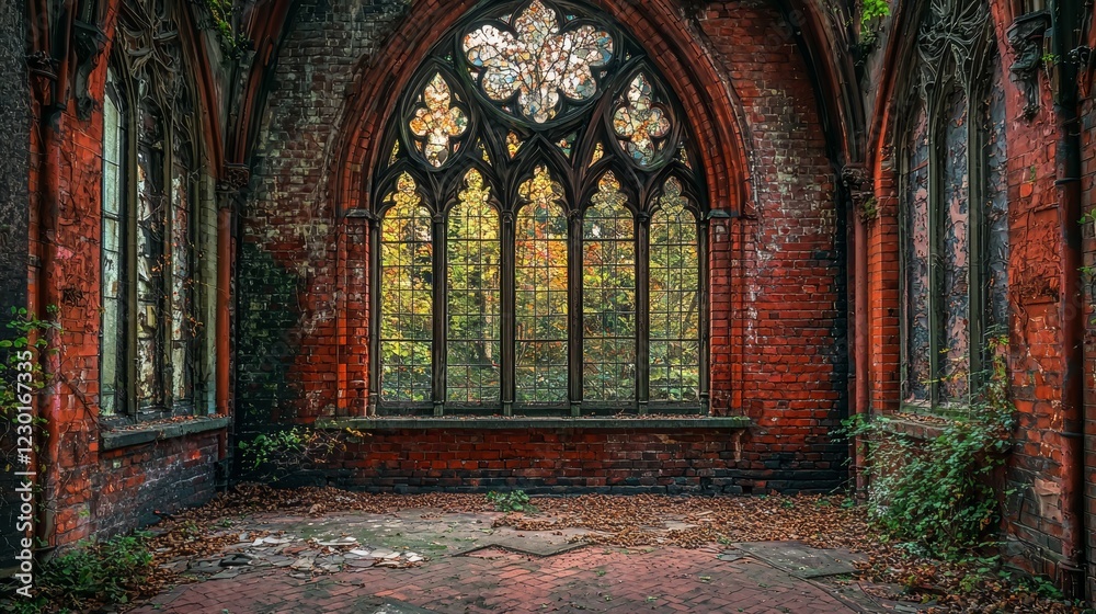 Fototapeta premium Gothic Ruins: A Serene Autumn Window