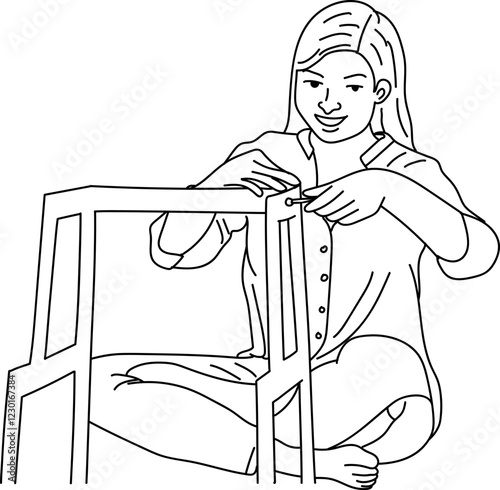 Woman doing furniture work outline vector illustration