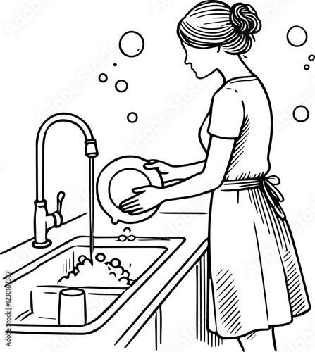 A woman washing utensils vector illustration