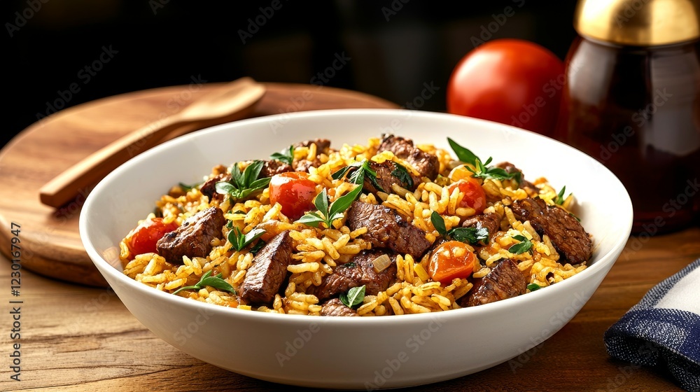 Famous Food of Brazil concept. Delicious beef and rice dish in a bowl