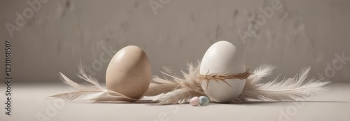 Minimalist Easter concept with feather and egg, bright image, clean lines, stylish mockup, decorative elements, festive celebration