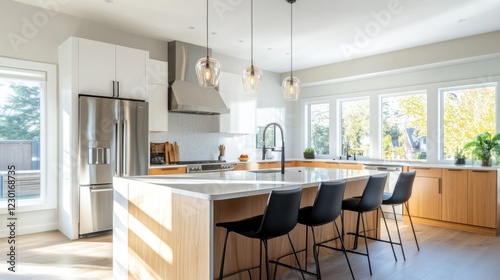 Spacious kitchen with a large island and modern appliances. Featuring a bright and airy atmosphere with natural light. Highlighting functionality and style. Ideal for real estate listings.