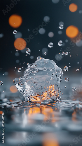 Transparent water splash with glowing orange bokeh lights