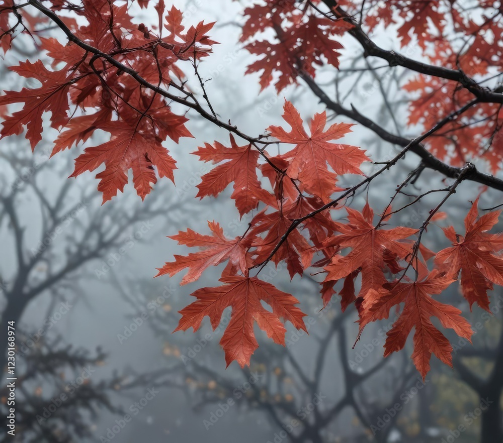 Rainy morning with red oak leaves clinging to branches, clinging leaves, leafy greens Rainy morning with red oak leaves clinging to branches, clinging leaves, leafy greens