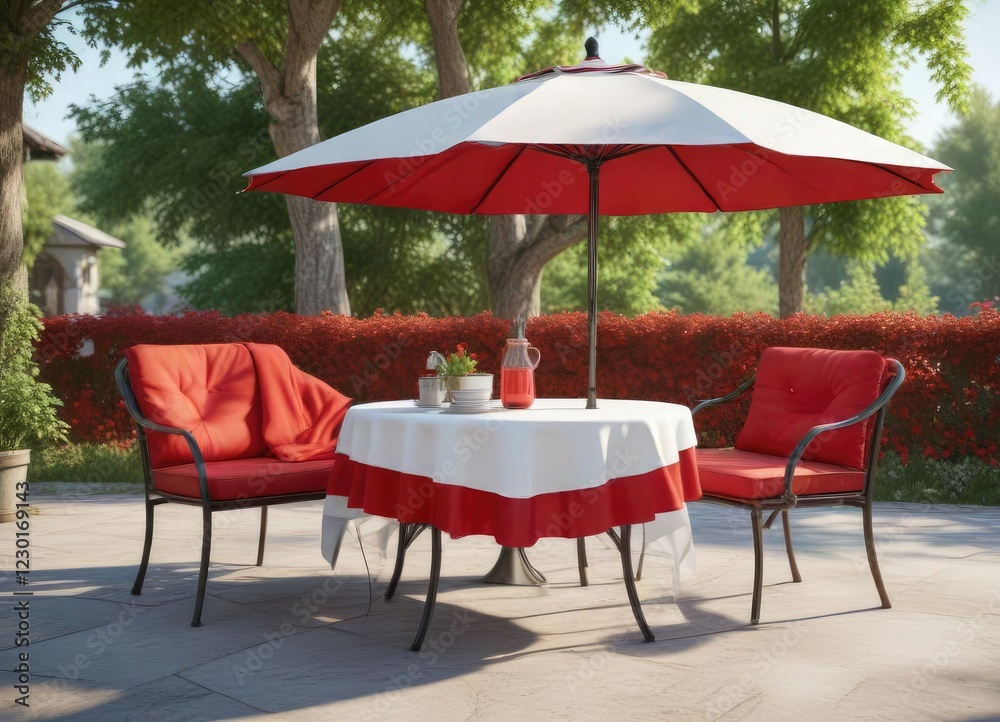 Obraz premium Red cushioned patio table with a white tablecloth and umbrella, blue sky, summer, wooden chair