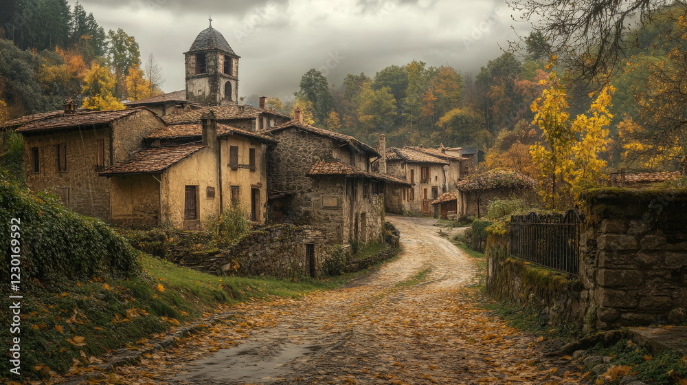 Obraz premium Hidden Village in Autumn Woods