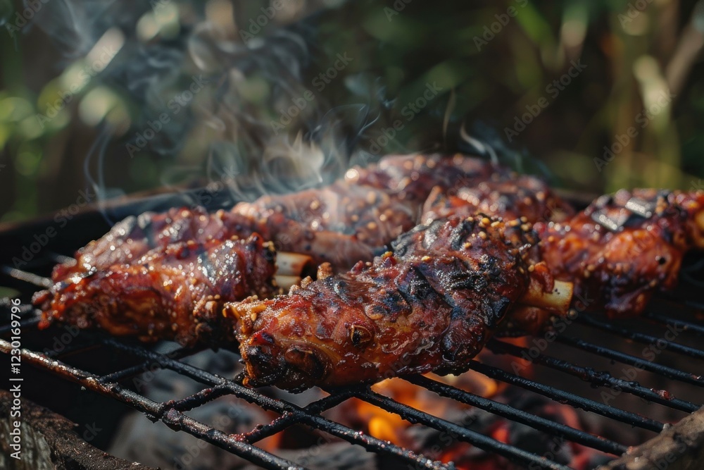 Chicken legs are grilling on barbecue grill releasing a delicious smoke Chicken legs are grilling on barbecue grill releasing a delicious smoke