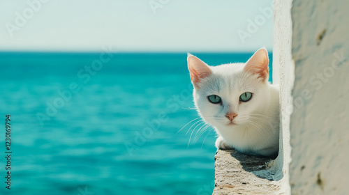 White cat looking curiously from behind a wall with the ocean in the background, symbolizing exploration and peaceful coastal vibes, perfect for serene and nature-filled themes photo