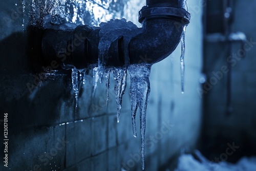 Frozen pipe in a cold basement with ice buildup photo