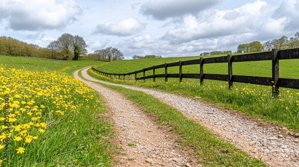 Serene Country Road Surrounded by Yellow Flowers and Lush Green Fields Under a Cloudy Sky Serene Country Road Surrounded by Yellow Flowers and Lush Green Fields Under a Cloudy Sky