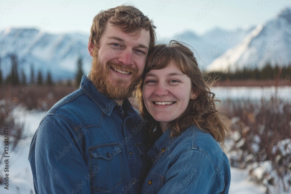 Portrait of a smiling couple in their 20s sporting a versatile denim shirt isolated in backdrop of an arctic landscape Portrait of a smiling couple in their 20s sporting a versatile denim shirt isolated in backdrop of an arctic landscape