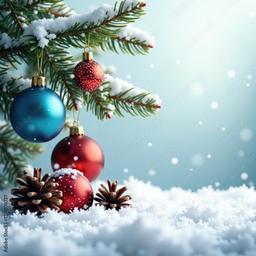 Sparkly Christmas ornaments hang from snow-covered fir branches amidst a blanket of white snow, pinecone, Sparkly Christmas ornaments hang from snow-covered fir branches amidst a blanket of white snow, pinecone,