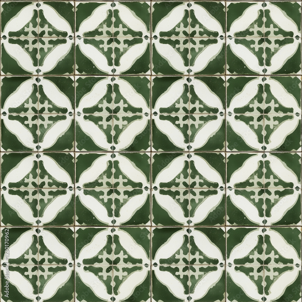 Naklejka premium Motif répétitif de carreaux de ciment vintage avec design ornemental vert et blanc, symétrie florale et texture usée